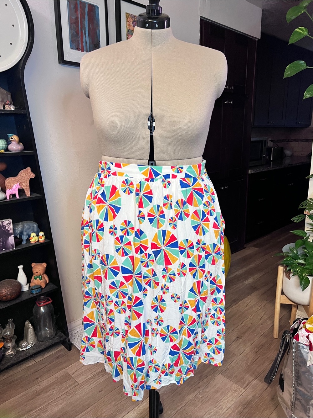 Modcloth White Midi Skirt with Multicolor Pinwheel Print